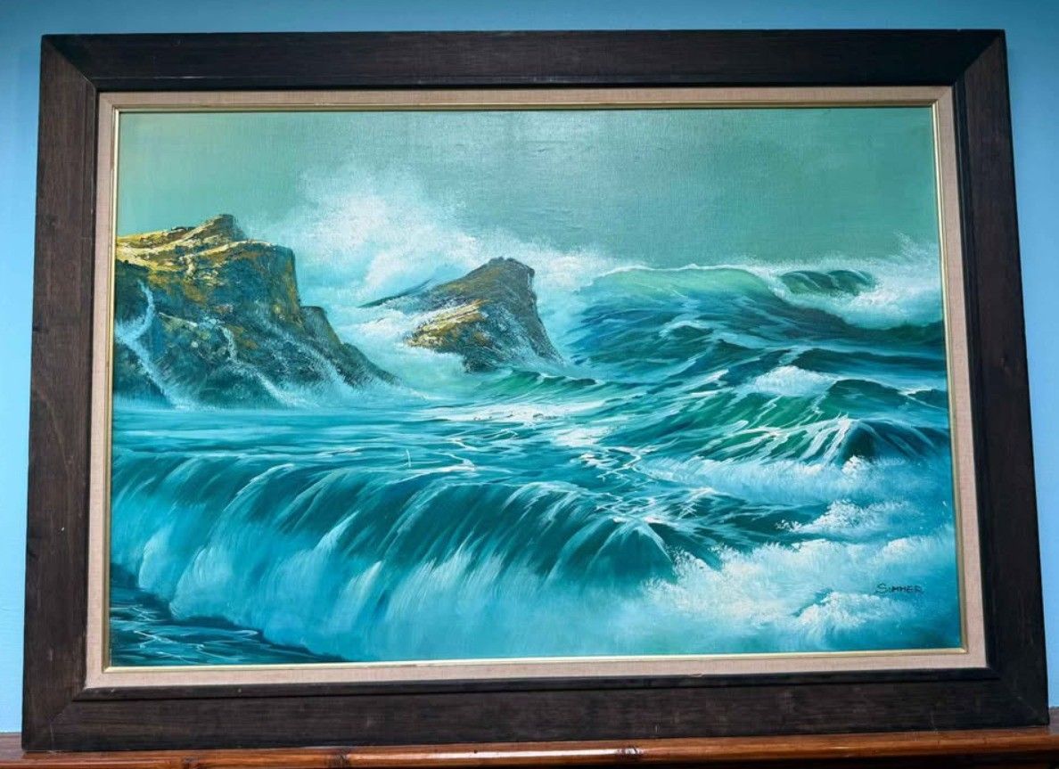 Original maritime painting signed by S. Maher – Waves and rocks