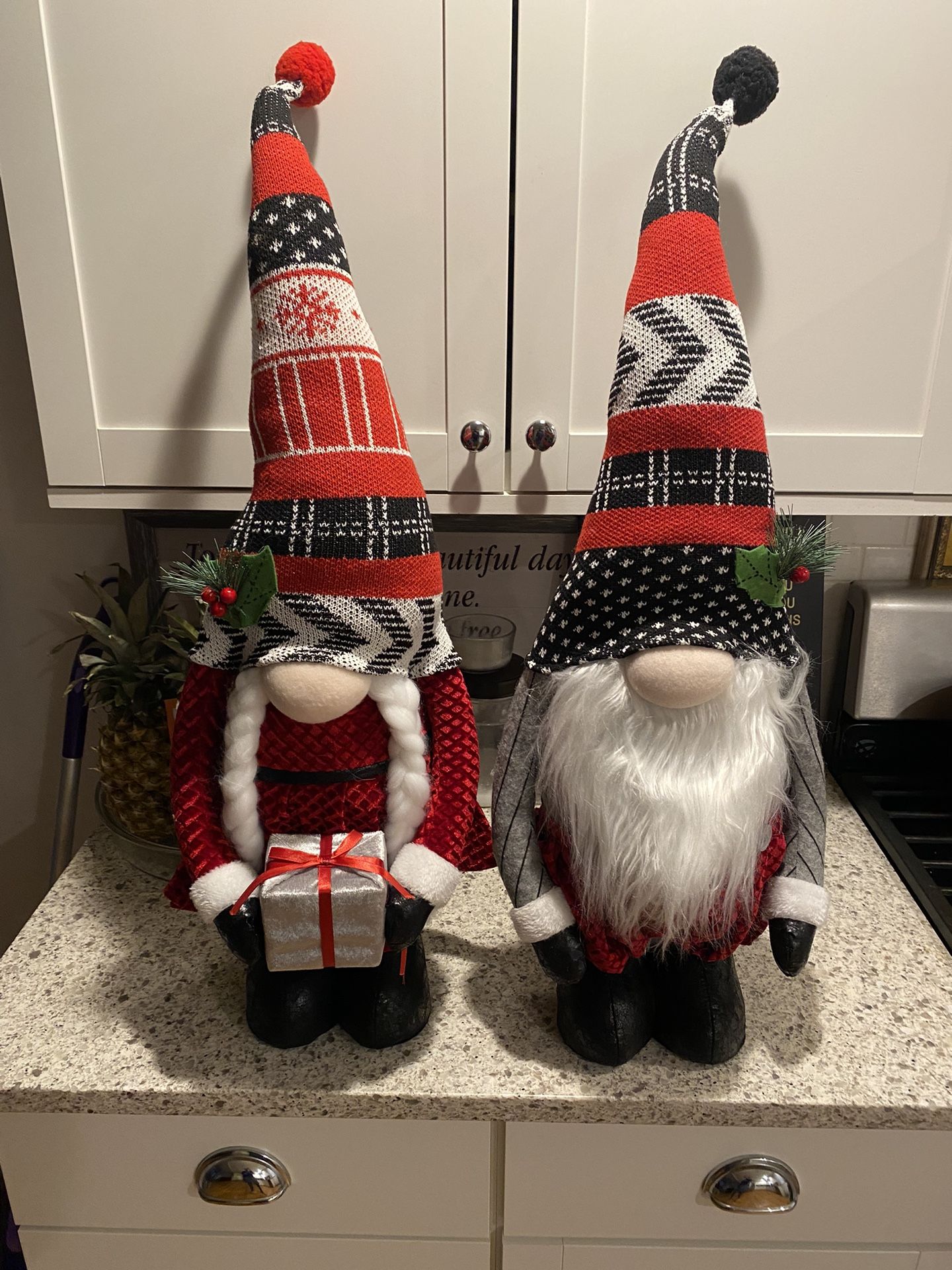 pair of two 33" Christmas gnomes his and hers excellent condition weighted feet. 