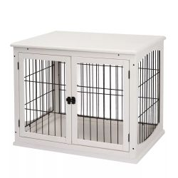 PawHut Dog Crate, 32" Small Dog Cage End Table w/2 Lockable Doors, White
