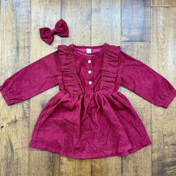 Baby Toddler Girl Corduroy Cord Ruffle Dress Matching Bow Size 110 3T 