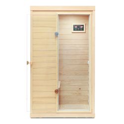 Hemlock Mini one person far infrared door on the Right of the indoor sauna room