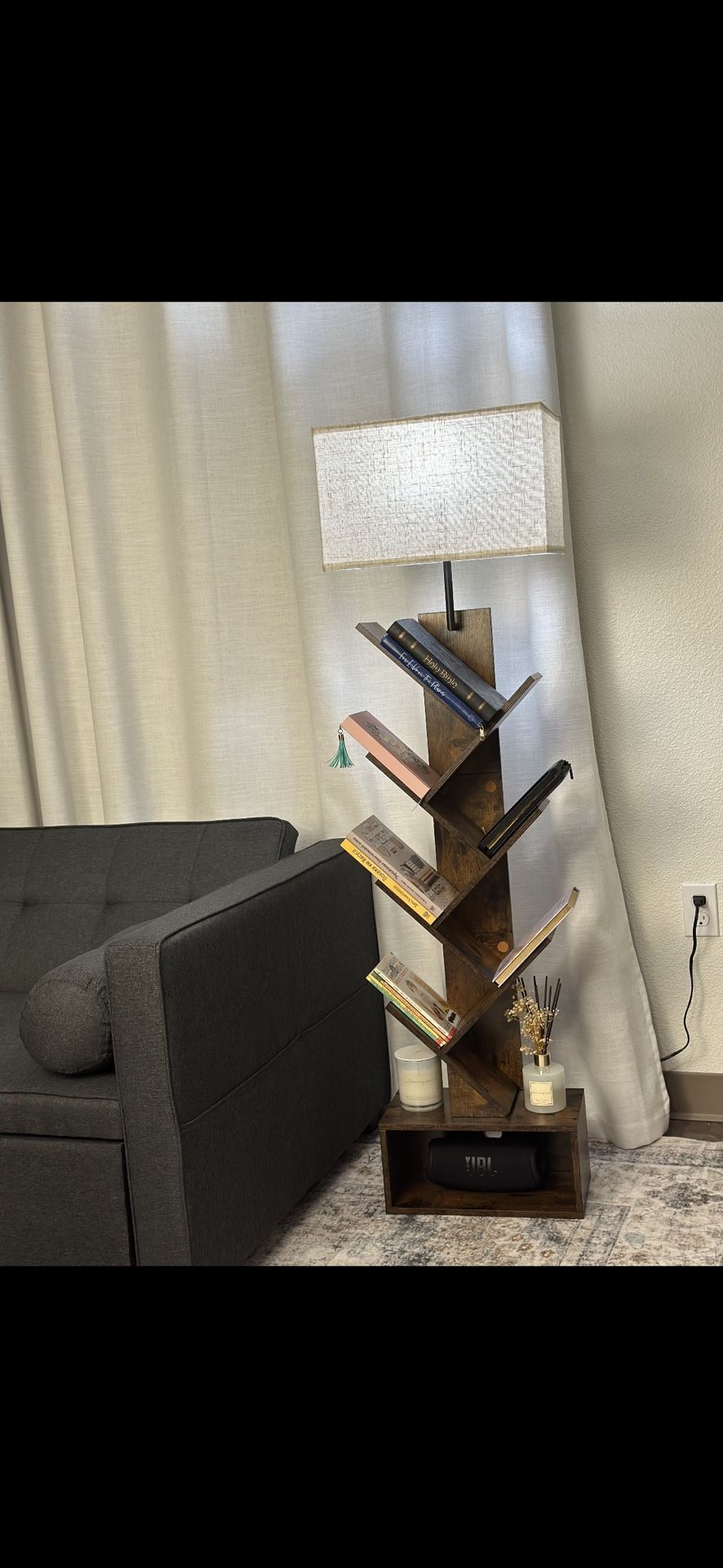 6 Tier Tree Bookshelf with Light & Remote, Small Bookcase with Storage Cabinet, Modern Narrow Corner Bookshelves Organizer, Tall Floor Standing Book S
