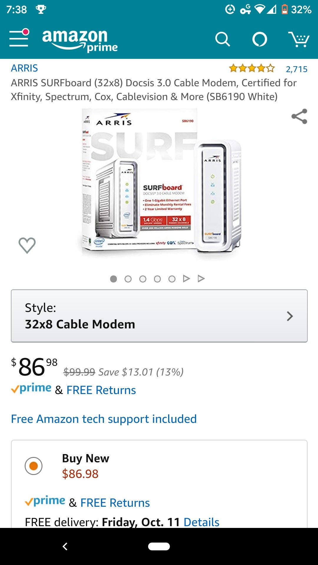 ARRIS SURFboard (32x8) Docsis 3.0 Cable Modem, Certified for Xfinity, Spectrum, Cox, Cablevision & More (SB6190 White)