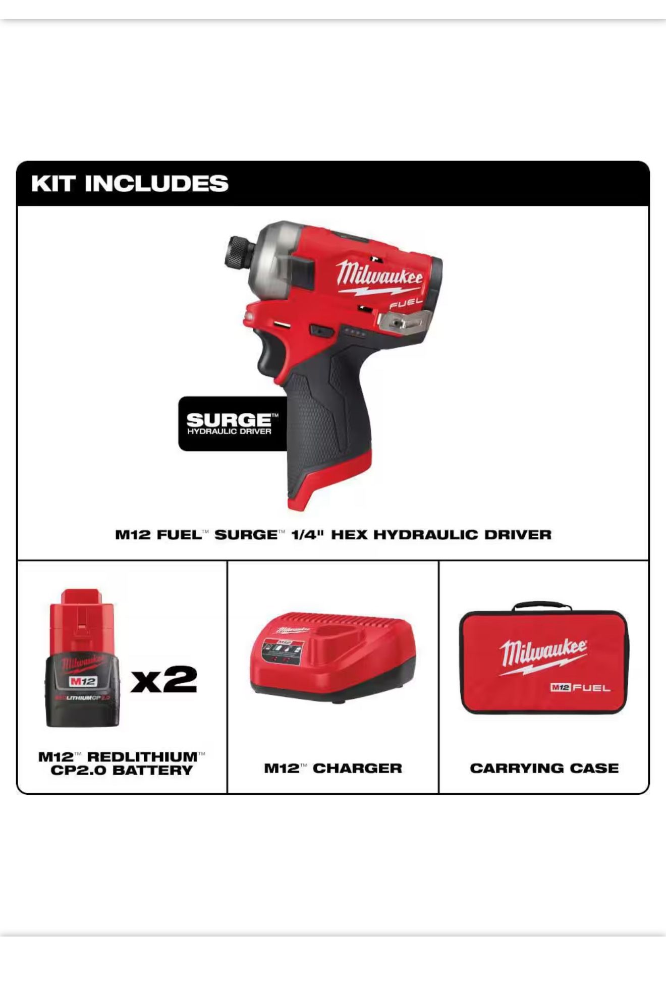 2551-22 M12 FUEL SURGE 12V Lithium-Ion Brushless Cordless 1/4 in. Hex Impact Driver Compact Kit w/Two 2.0Ah Batteries, Bag