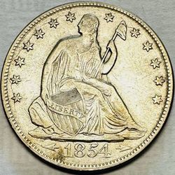 1854-Arrows U.S. SEATED LIBERTY SILVER HALF DOLLAR COIN (AU-About Uncirculated)