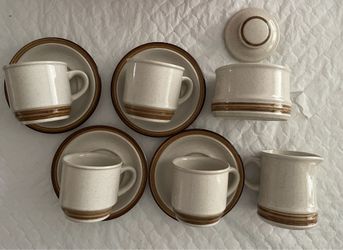 Vtg Stoneware Japan Speckled Cream & Brown Mugs Saucers Sugar Bowl Creamer Set