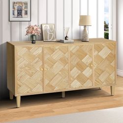 Natural Wood Parquet 4-Door Sideboard Cabinet