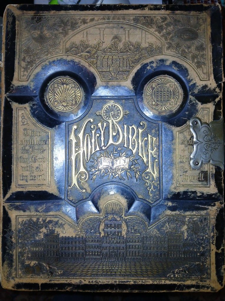 Antique Late 1800's Family Bible Pictoral With Sterling Silver Clasp