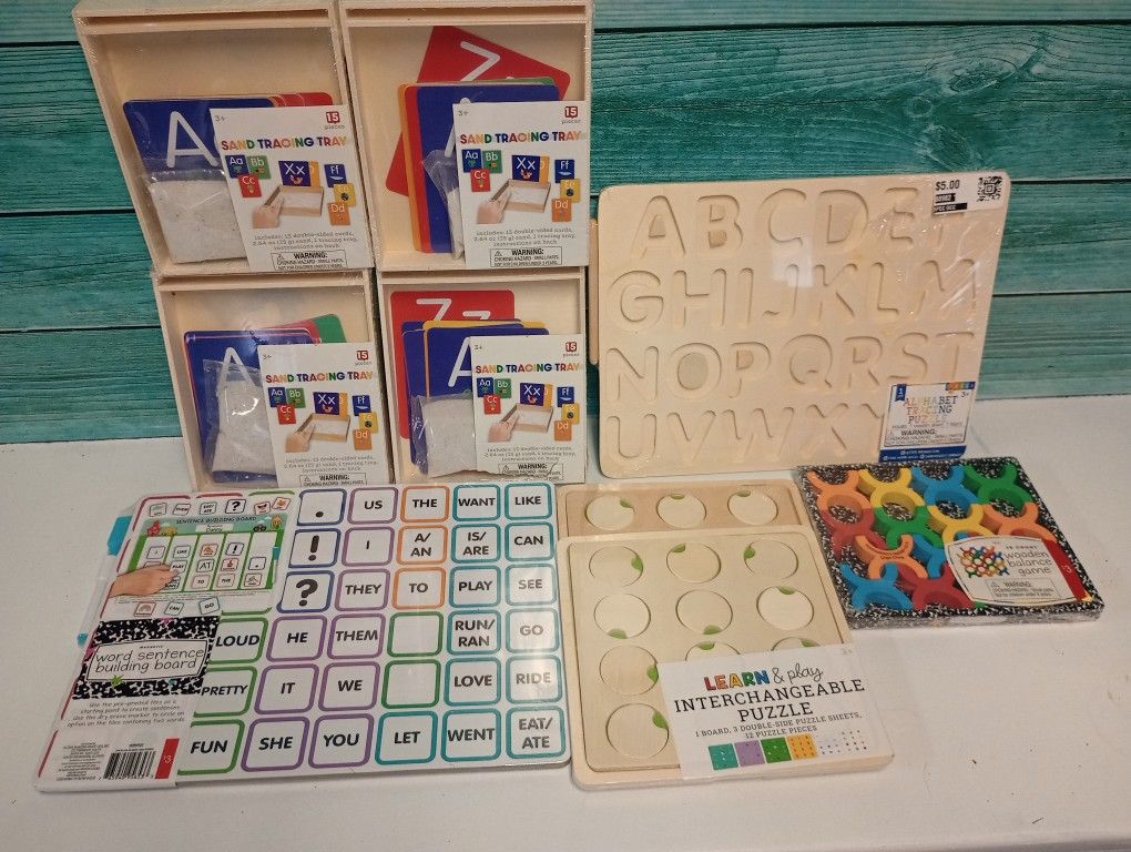 Sand tracing Trays, Learning puzzles, Sentence building board, Alphabet tracking board and more