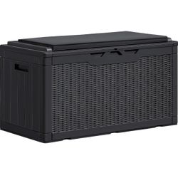 Brand New 100 Gallon Resin Deck Box Large Outdoor Storage Bench with Cushions for Garden Tools, Patio Furniture Pillows, Pool Supplies, Black  💥brand