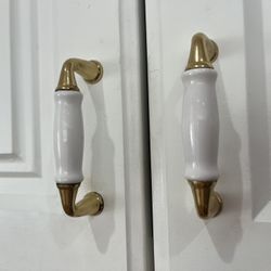 White Ceramic & Brass Cabinet Handles 3” 