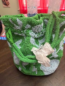Green Beaded Floral Bucket Bag