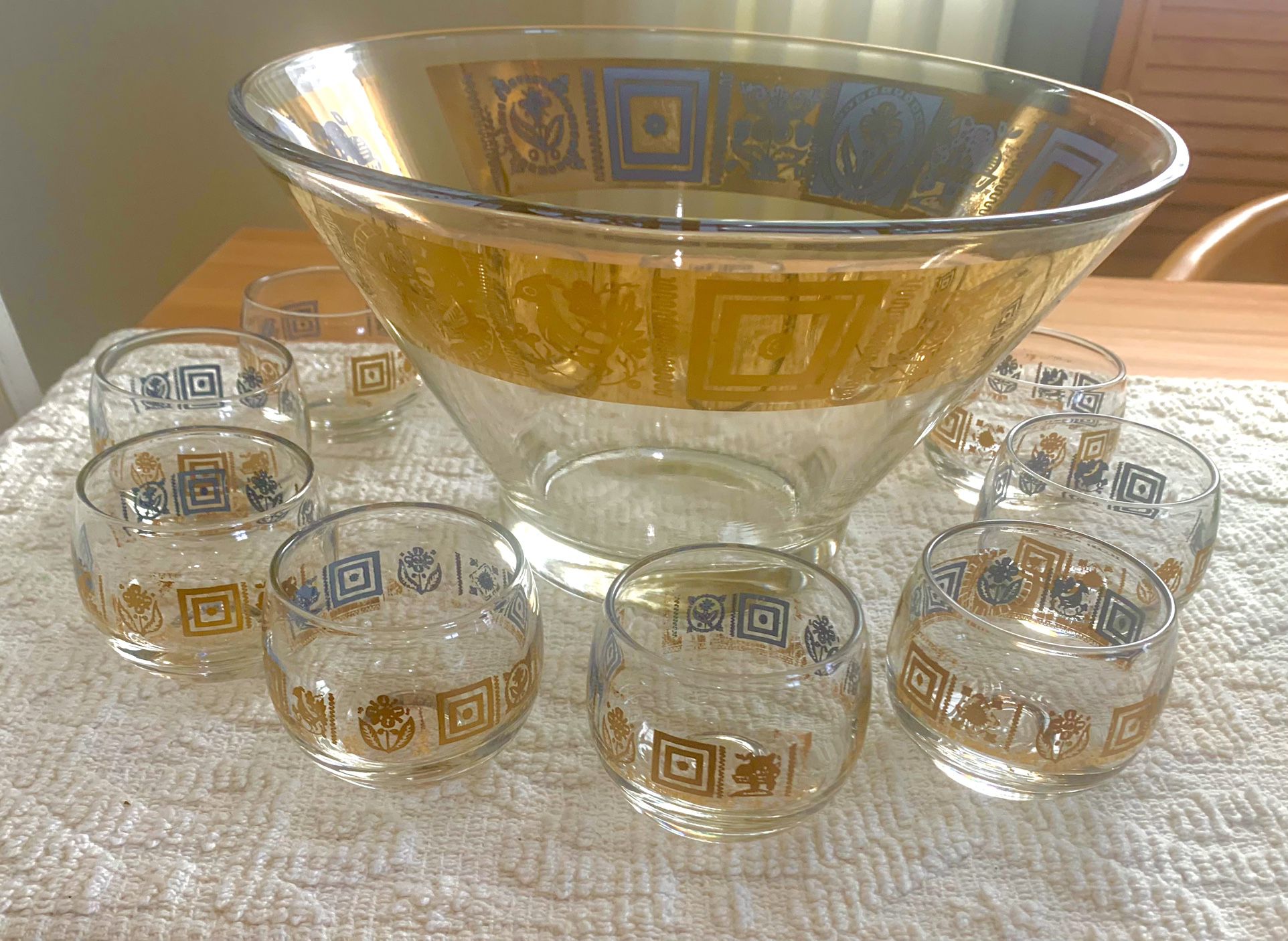 Mid Century Culver Coronet Punch Bowl w/ 11 Roly Poly Punch Glasses
