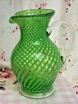Vintage Hand-Blown Green Art Glass Pitcher / Vase – Optic Spiral Swirl