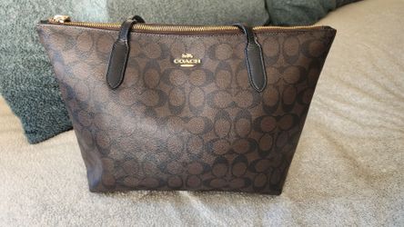 Coach Signature Tote Purse Brown Monogram Zip Top Handbag