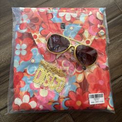 70s Costume - Men’s Button Short Sleeve Shirt, Gold Suns, Gold DISCO Chain