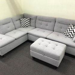New Sectional W Storage Ottoman .  Grey.  106” X 77”.  Free Delivery !