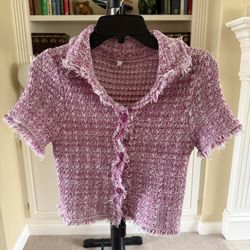Pink and white tweed short-sleeved crop top  