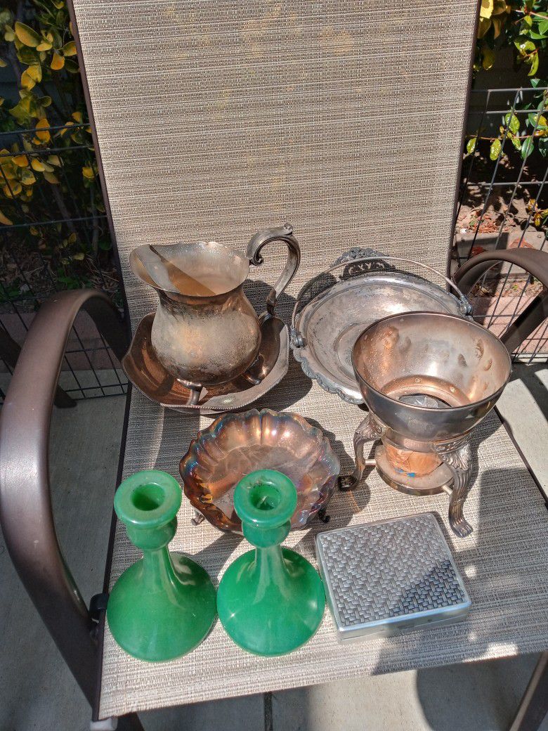 Vintage Silver Plate Bowls And Glass Candlesticks $20