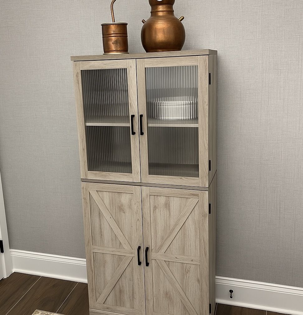 Brand New 72" Farmhouse Pantry Cabinet with Fluted Glass & Barn Doors – 7-Tier Storage  