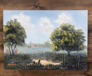 Vintage Signed Oil Painting Texas Hill Country Bluebonnets (10” x 14”)