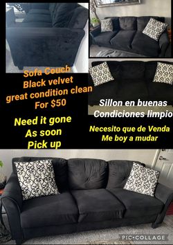 Black Velvet 3-Seat Sofa Couch great condition clean it pulls apart the couch easy to carry for $50