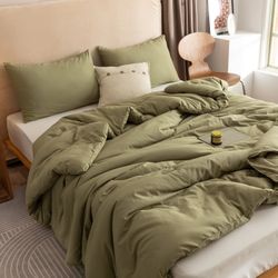 0010 ROSGONIA Olive Green Comforter Set Full- 3pcs (1 Comforter & 2 Pillowcases) Full Comforter Set For Women And Men- Reversible Soft Warm Lightweigh
