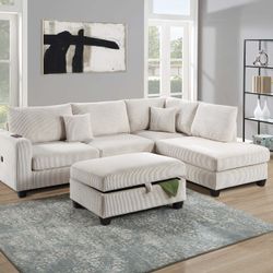 New! 106” Ivory White Sectional Sofa And Ottoman, Sectionals, Sofa, Couch, Ottoman, Beige Sectional, Corduroy Sectional, Plush Couch Sofa, Ivory White