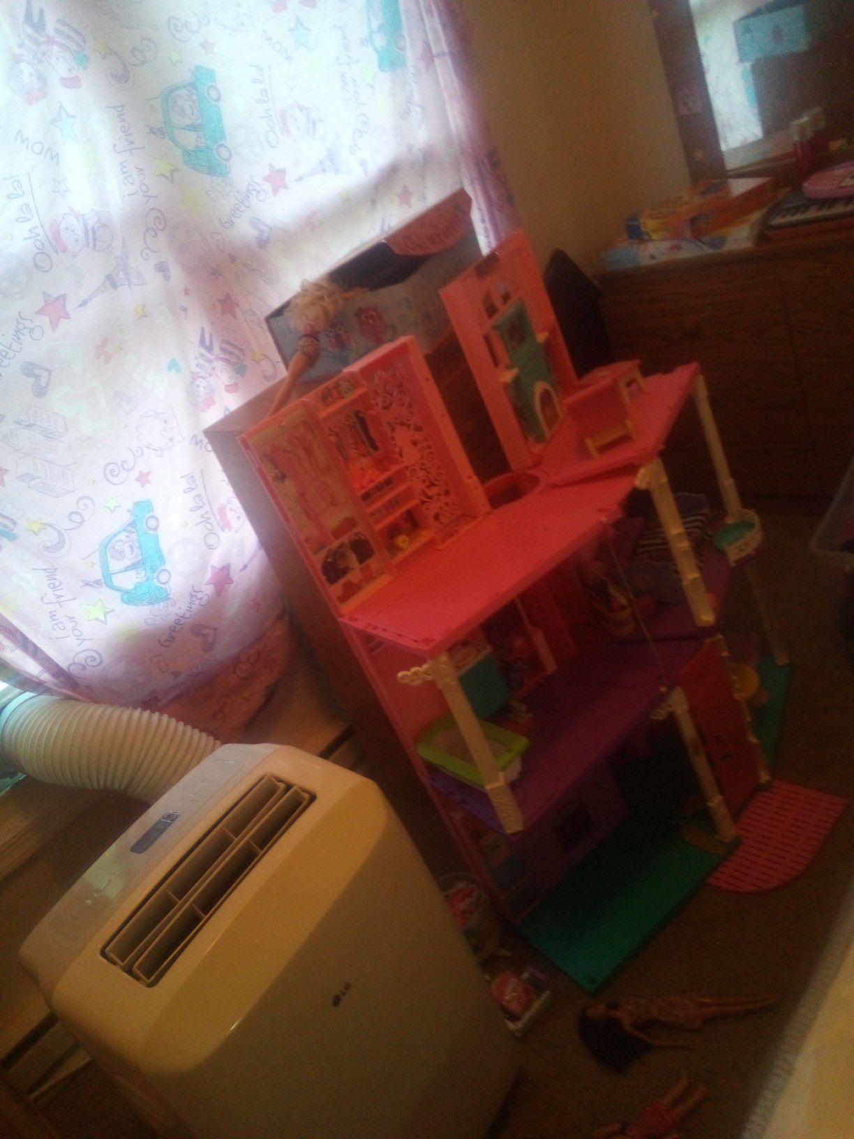 Barbie dream house, wooden doll house and sun glasses
