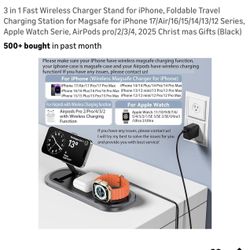 3 in 1 Fast Wireless Charger Stand for iPhone, Foldable Travel Charging Station for Magsafe for iPhone 17/Air/16/15/14/13/12 Series, Apple Watch Serie