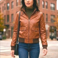 Black Rivet Women’s Bomber Jacket Brown Polka Dot Lining- Large