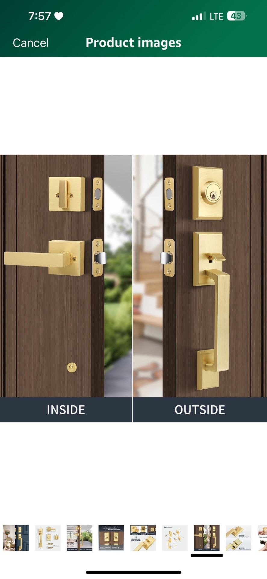 Brushed Gold Heavy Duty Front Door Handle Set, Exterior Door Lock Set with Single Cylinder Deadbolt,Reversible for Right & Left Side, Satin Brain