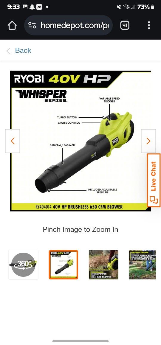 40V HP Brushless Whisper Series 160 MPH 650 CFM Cordless Battery Leaf Blower (Tool Only)
