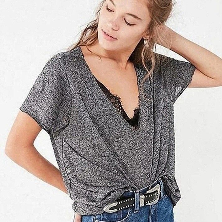 Urban Outfitters gray knit distressed v neck short sleeve shirt top size XS NEW