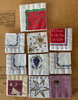 10 Unopened packages of paper napkins, sizes: 9 cocktail, 1 dinner. Buy all for $15.00.