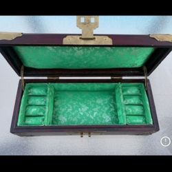 Antique Shanghai China Cherry Wood & Jade Jewelry Box with Gold Brass Hardware