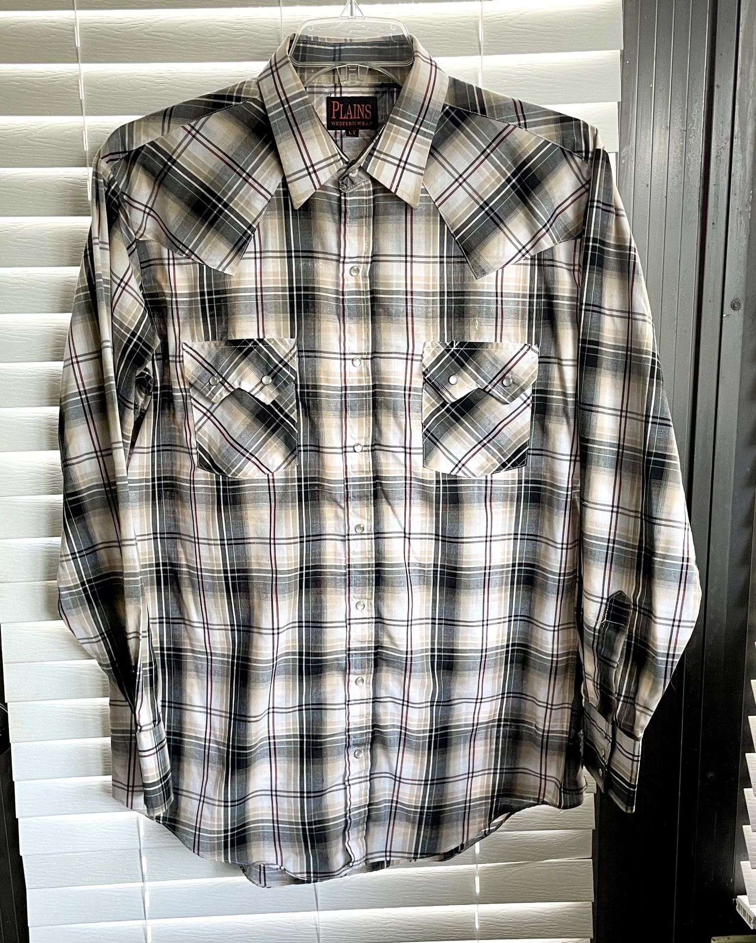 Plains Western Wear Snap Up Shirt - Pearl Snap -Plaid -Long Sleeve - Mens L Tall
