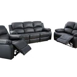 New Black Leather Fully Reclining Three Piece Couch Set