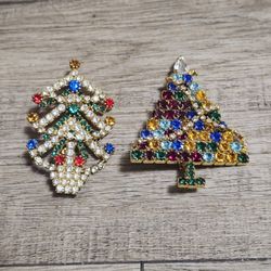 2 Vintage Rhinestone Christmas Tree Brooches GORGEOUS Both $20 Vibrant Colors!