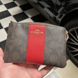 Brown And Red NWT Coach Corner Zip Wristlet Signature Canvas with Stripe - Khaki and Coral