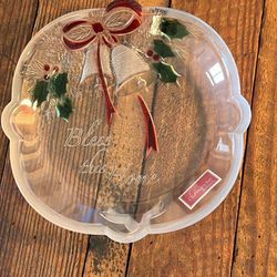 NIB Mikasa Holiday Bells "Bless this Home" 7" glass dish