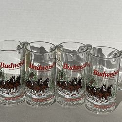 Vintage 1989 Budweiser Clydesdale Holiday Beer Glass Mug Cup Christmas Set Of 4