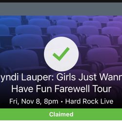 Two (2) VIP Cindy Lauper Concert Tickets 11 8 24 Hard Rock Hotel Fort Lauderdale