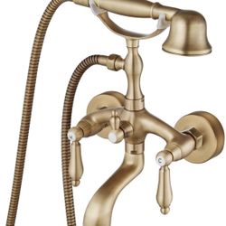 Aolemi Antique Brass Clawfoot Tub Faucet Wall Mount Bathroom Tub Filler with Hand Held Shower Sprayer Vintage Bathtub Faucet Set Double Cross Handle
