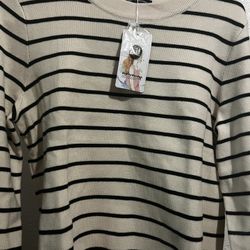 Women's Cream and Black Striped Knit Sweater