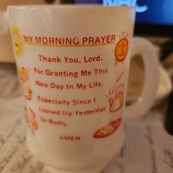 Vintage My Morning Prayer Milk Glass Mug 60s Fire King Anchor 

