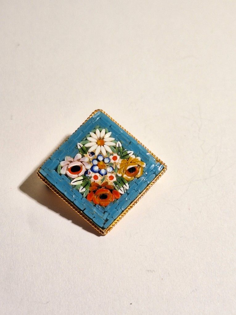 Antique Italian Micro Mosaic Flower Brooch Pin