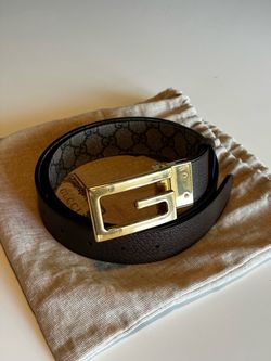 Gucci Reversible Leather Belt - Gold Square G Buckle (Brown and GG Canva)