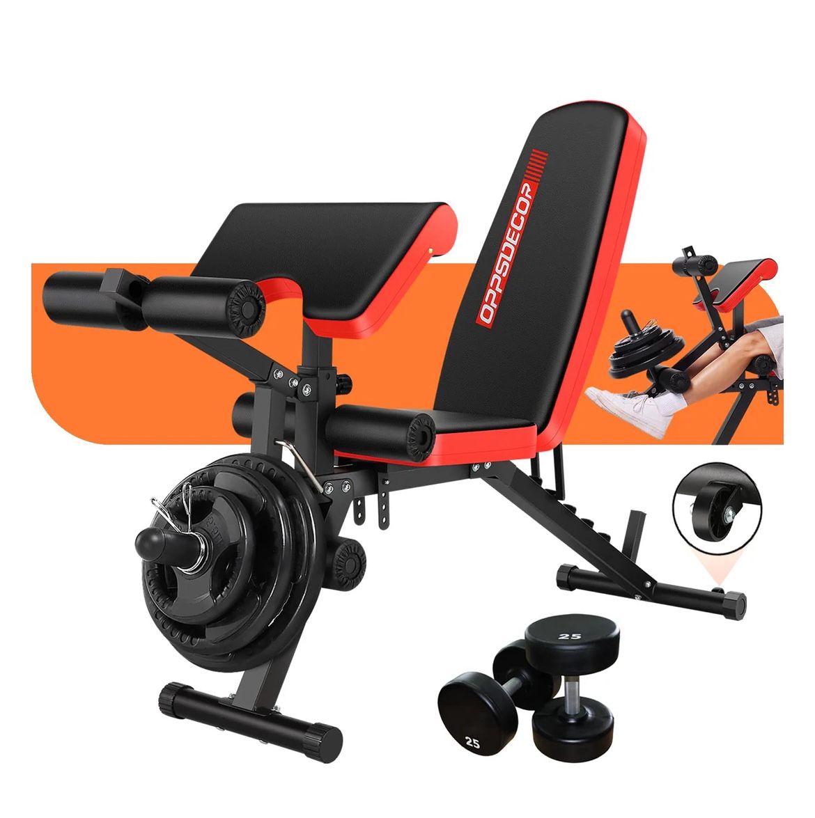 OPPSDECOR Adjustable Weight Bench with Leg Extension and Leg Curl, 800 LBS Heavy Duty Workout Bench for Home Gym, Preacher Curl Bench with Wheels, Fla