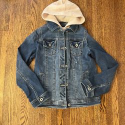 Abercrombie Kids denim jacket with pink liner and hood size 13/14